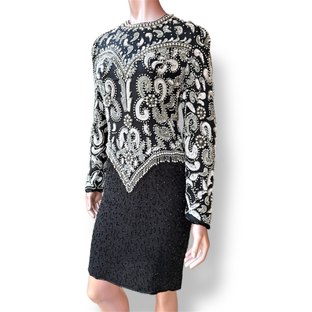 Scala Black Dress Vintage beaded pearl fringe Silver Black White evening S RARE